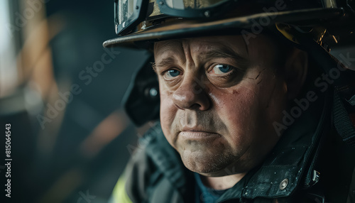 A man in a fireman's hat and helmet is looking at the camera