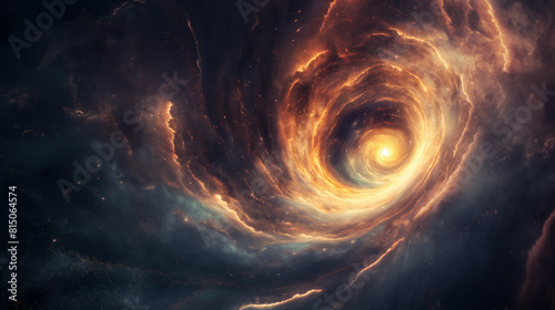 The image shows a whirlpool of red and orange gases in space.