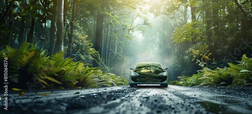 Eco car on forest road with planet earth passing through forest, Ecosystem ecology, healthy environment, travel, Eco car with nature,  photo