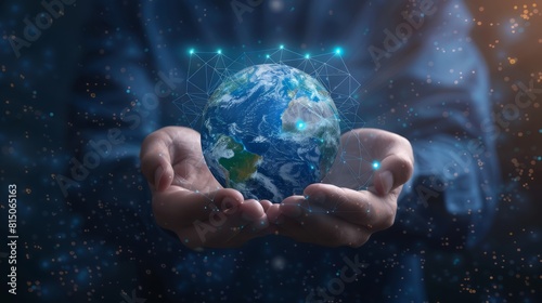 Human hands, Earth emerges as a symbol of global network connections and innovative technology. A concept representing science, communication, and energy-saving. Background , Big data analytics