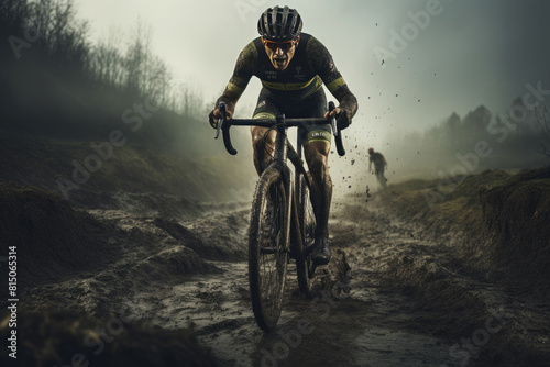 Cyclocross.Man riding a bicycle, modern extreme sport, dirty weather photo