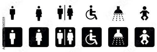 toilet vector icons set, male or female restroom symbols isolated on transparent background. Vector illustration.