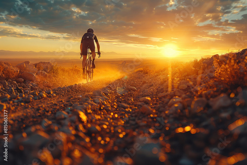 Cyclocross. A man rides a bicycle, a modern extreme sport, a beautiful landscape, the sun at sunset photo