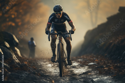 Cyclocross.Man riding a bicycle, modern extreme sport, dirty weather photo