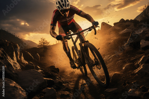 Cyclocross. A man rides a bicycle  a modern extreme sport  a beautiful landscape  the sun at sunset