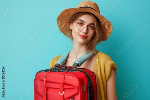 Young attractive woman with straw hat and glasses holding red suitcase, ready for summer vacation.