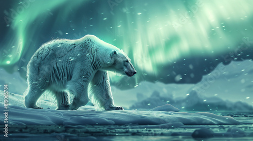 Polar bear, standing on an icy landscape under the aurora borealis sky, its fur glistening in soft shades of white and green. Snowflakes and arctic nature background, banner with copy space.