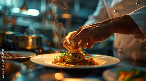 Master chef cook man hands precisely cooking dressing preparing tasty fresh delicious mouthwatering gourmet dish food on plate to customers 5-star michelin restaurant kitchen close-up detailed artwork photo