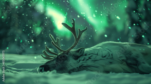 Reindeer sleeping in the snow, green aurora borealis in the background, digital art banner with copy space.
