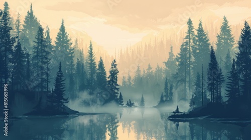 Misty landscape with fir forest in vintage retro style. Generative AI hyper realistic 