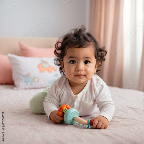 a baby is sitting on a bed with a toy and a toy.