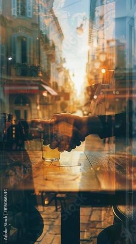 Business handshake over a cafe table, focus on hands, copy space at the top, make the colors punchy, Double exposure silhouette with a bustling street scene