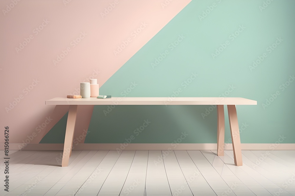 Rule of third wooden table as podium with cream and beige colored wall in the background for product photography background Rule of third wooden table as podium with cream and beige colored wall in the background for product photography background