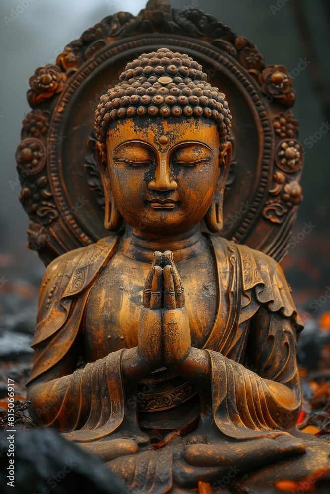 Buddha golden statue close up on dark background