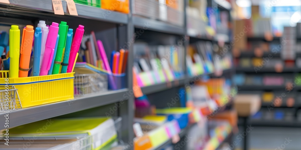 A close-up view of a shop aisle with neatly organized and vibrant school and office supplies, representing retail and education A close-up view of a shop aisle with neatly organized and vibrant school and office supplies, representing retail and education