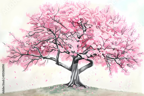 Sakura (Prunus serrulata) (Colored Pencil) - Japan - Sakura trees, or cherry blossoms, produce stunning pink or white flowers in spring, symbolizing renewal and the transience of life  photo