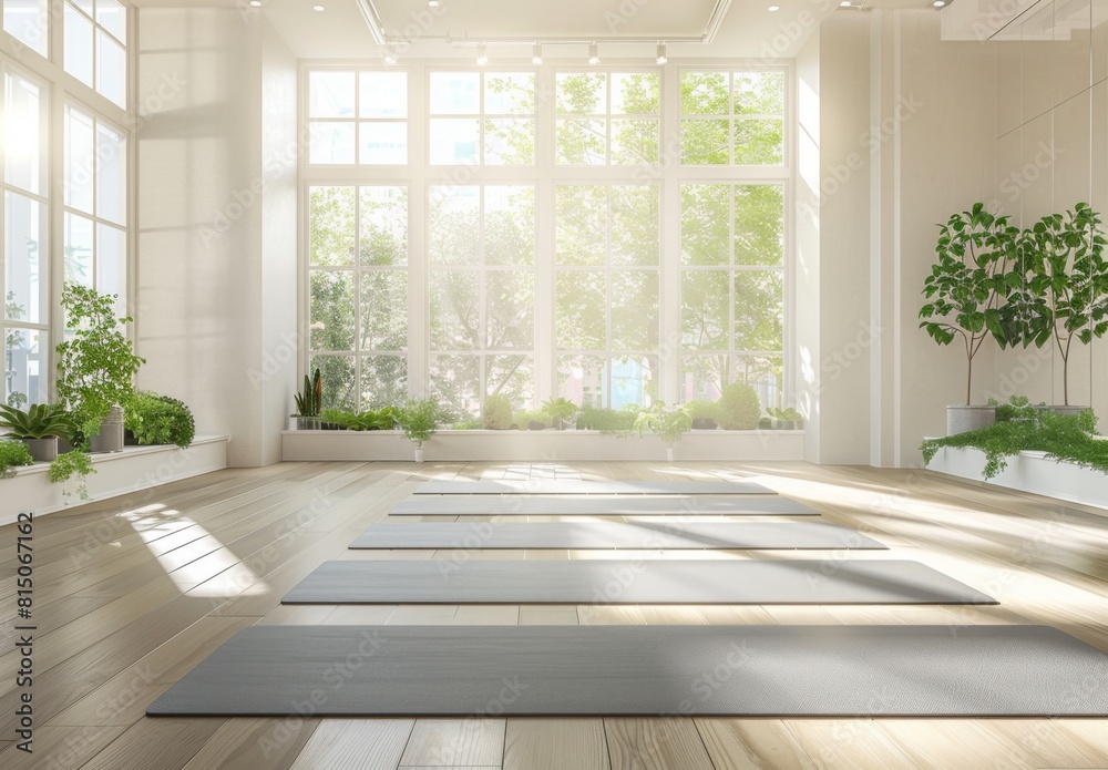 A bright and airy yoga studio with natural light streaming through large windows, featuring wooden floors and minimalist decor.