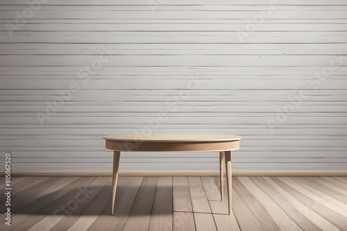 A wooden table podium with white pattern wall as backdrop and tiled floor for product photography background