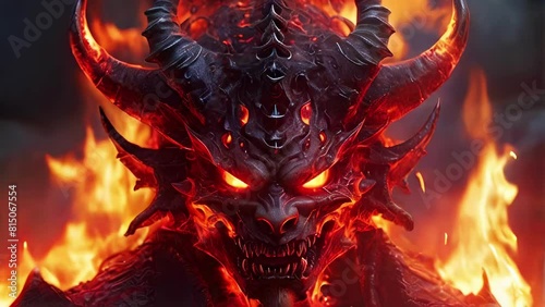 Fierce demonic entity with fiery red eyes and dark horns. Terrifying demon lord in a hell. Fiery background. Concept of Halloween, fantasy villain, horror character, infernal atmosphere. Motion photo