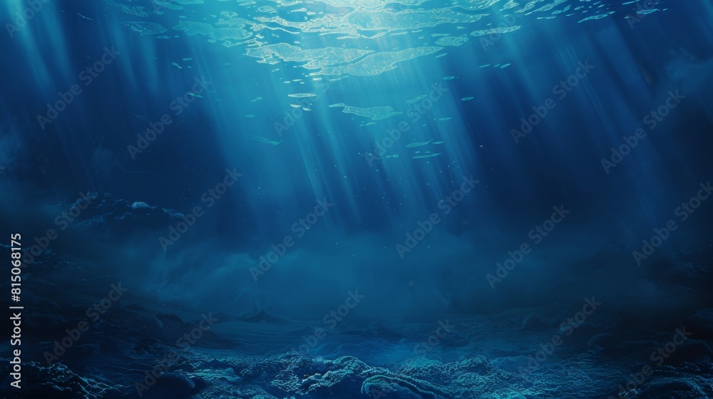 A dark blue ocean with the bottom of it visible, a faint light shining down from above in an underwater scene. 