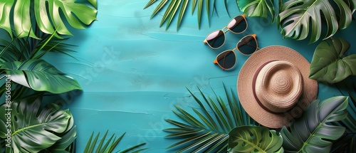 Hat, Sunglasses, and Palm Leaves on Blue Background