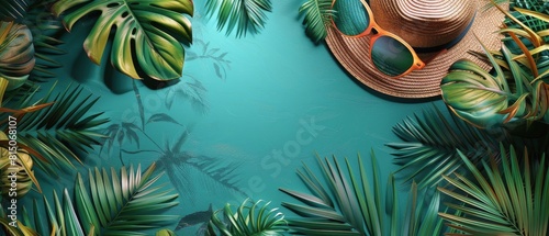 Hat, Sunglasses, and Palm Leaves on Blue Background
