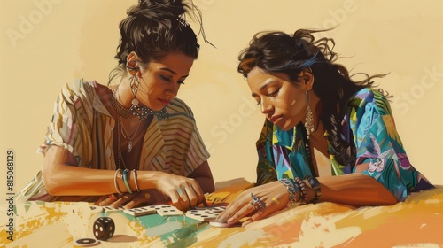 Two women playing domino on beige background hyper realistic  photo