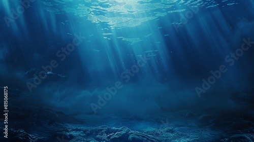 A dark blue ocean with the bottom of it visible  a faint light shining down from above in an underwater scene. 