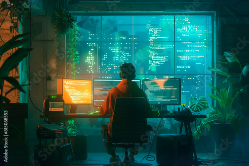 Illustration of person comfortably situated at his personal workspace, diligently performing job remotely via the internet in cozy environment of home.