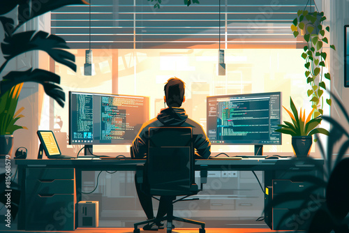 Illustration of man sitting at his computer desk. Work remotely from home on the Internet.