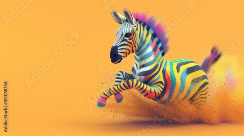 A zebra is running on a yellow background