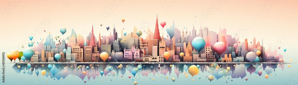 3D rendering of a colorful cityscape with a reflection on the water. 3D rendering of a colorful cityscape with a reflection on the water.