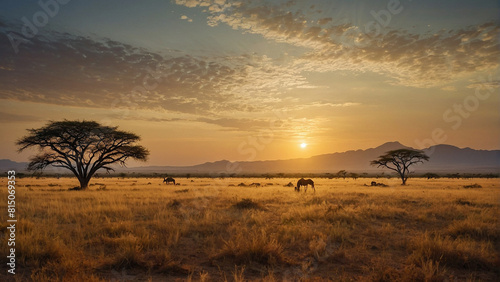 A magical sunset at a safari in africa - ai generated digital art