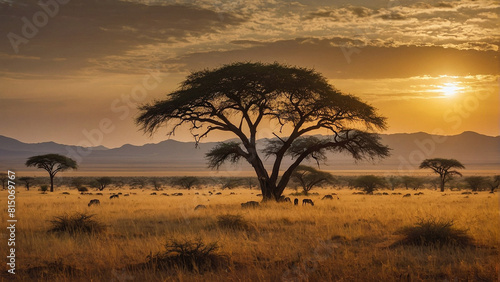 A magical sunset at a safari in africa - ai generated digital art