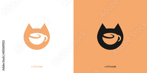 Coffee Cat Logo Design. Cat Head ora Cat Face and Coffee Cup, Mug. Cafe and Resto Logo, Icon, Symbol, Vector, Design Template.