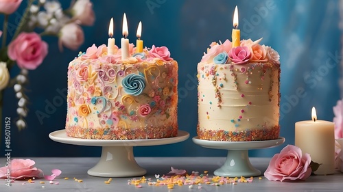 A towering birthday cake, adorned with colorful sprinkles and topped with a sparkling candle, awaits your celebration. The soft, buttery layers are perfectly moist and the frosting is a work of art, w photo