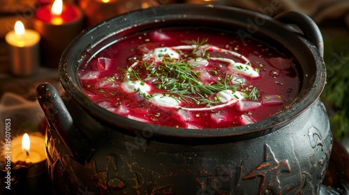 Traditional Beetroot Soup Served in Rustic Pot with Festive Decorations photo