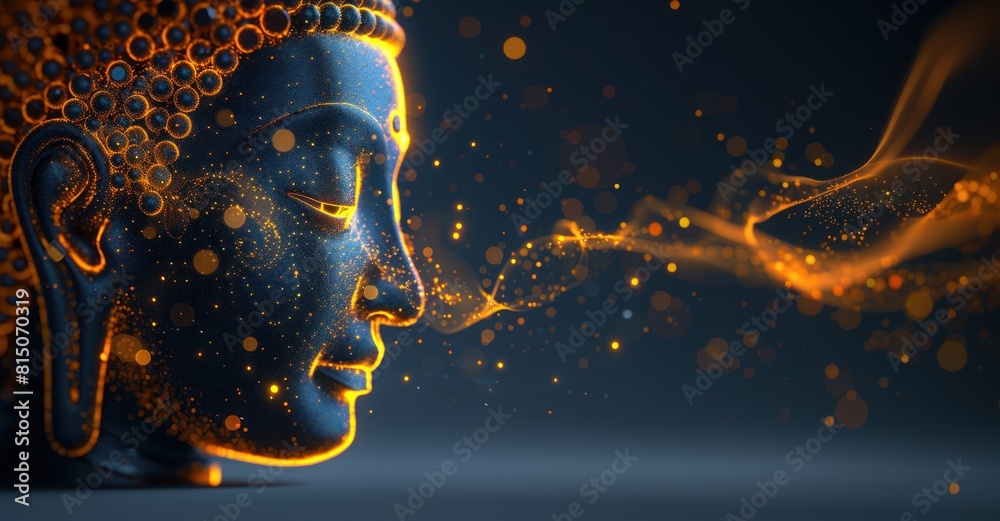 Abstract image of Lord Buddha head in antique blue a nd golden colors and copy space Abstract image of Lord Buddha head in antique blue a nd golden colors and copy space