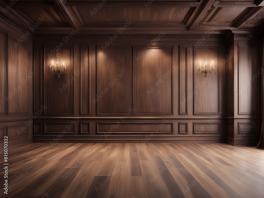 Premium style, an empty room with wooden boiserie on the wall featuring walnut wood panels. Wooden wall of an old-styled room design. Premium style, an empty room with wooden boiserie on the wall featuring walnut wood panels. Wooden wall of an old-styled room design.