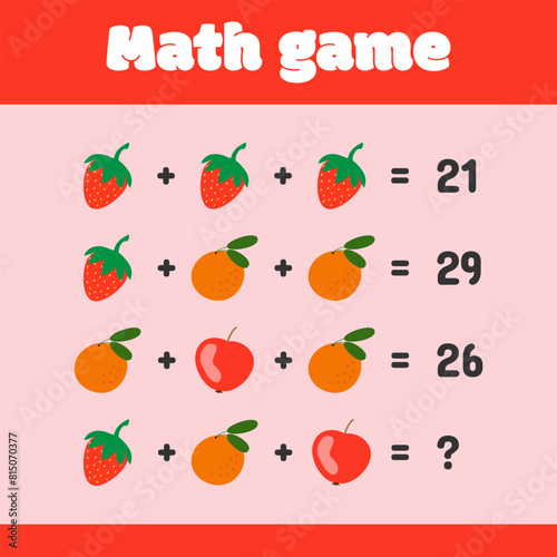 Mathematical educational game with berries and fruits for children. Logical thinking  vector illustration
