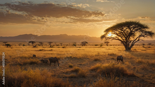 A magical sunset at a safari in africa - ai generated digital art