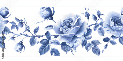 Assortment of Elegant Roses in Full Bloom and  Buds botanical design with classical blue and white floral flowers bouquet beauty botany nature watercolor blue illustration vintage design blossom.