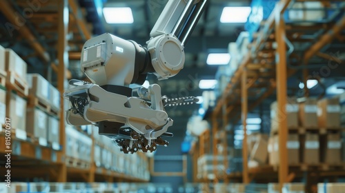 Focus on the versatility of a bag-lifting robot, close-up, focus on interchangeable tools, in a logistics warehouse, dynamic, Fusion, set against crates and parcels