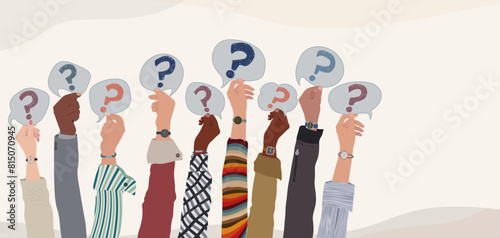 Raised hands of people holding a speech bubble with a hand-drawn question mark symbol. Concept of choice - problem - question -doubt - or query. FAQ. Banner copy space