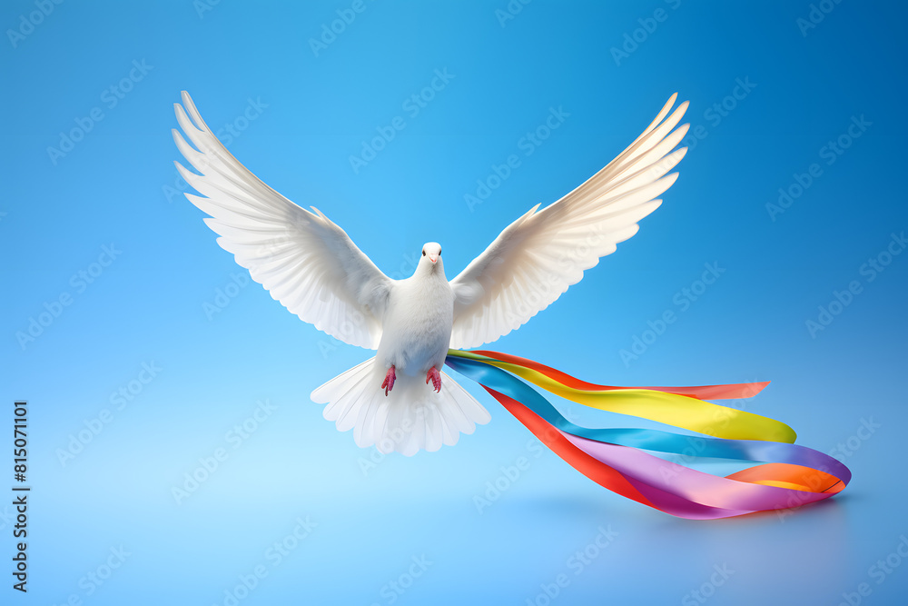 Obraz premium Peace Dove Wrapped in Rainbow Ribbon on Sky Blue Background - An image of a peace dove with its wings spread, wrapped in a rainbow Generative Ai,