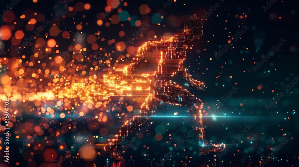 Fototapeta premium Man of glowing pixels dashes through a dark background, emphasizing speed and digital artistry