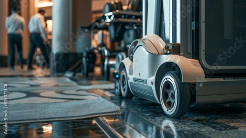 Feature a close-up of a luggage-lifting robot's wheels and base, portrait, selective focus, in a hotel loading zone, realistic, Overlay, with a backdrop of luggage carts and bellhops