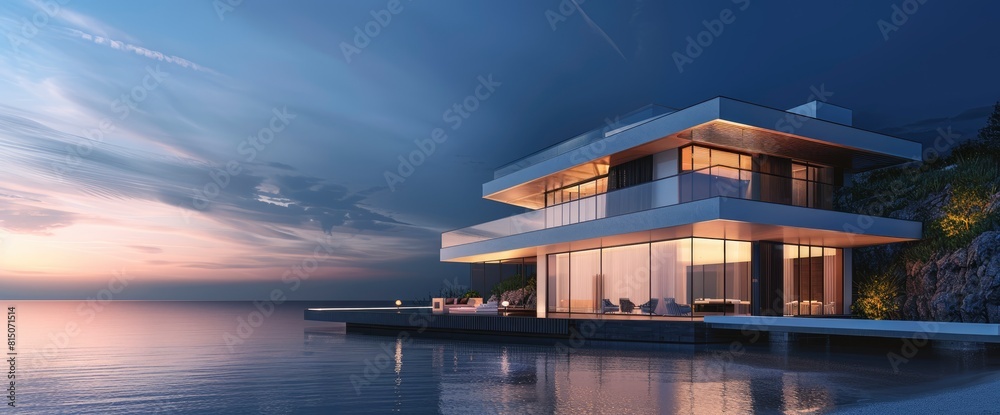 Modern Luxury Holiday Villa At Seaside. With Copy Space , Background Modern Luxury Holiday Villa At Seaside. With Copy Space , Background