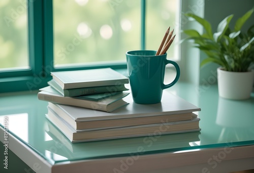 a stack of books with pencils and a cup of tea on top of them