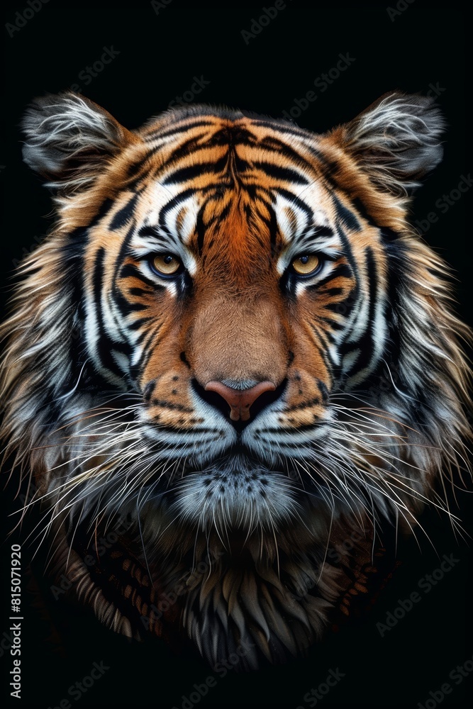 Majestic Tiger Portrait on Black Background, Wildlife Photography Generative AI